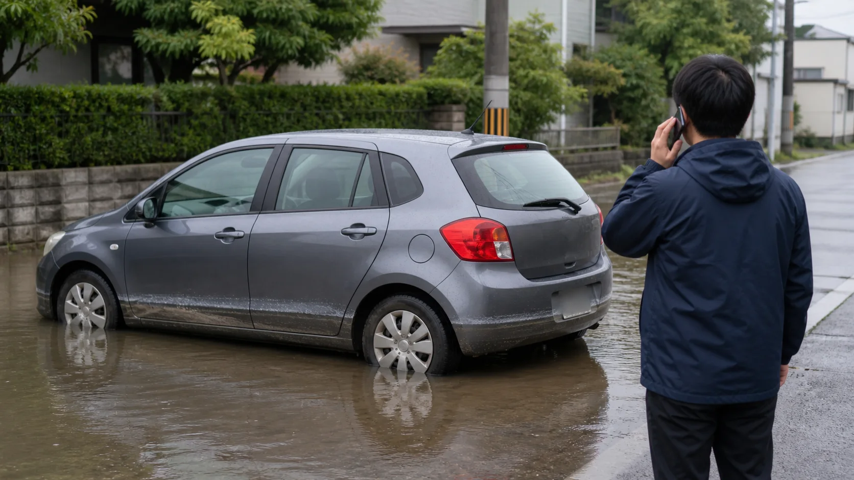 浸水した車のそばで支援先へ電話をする人