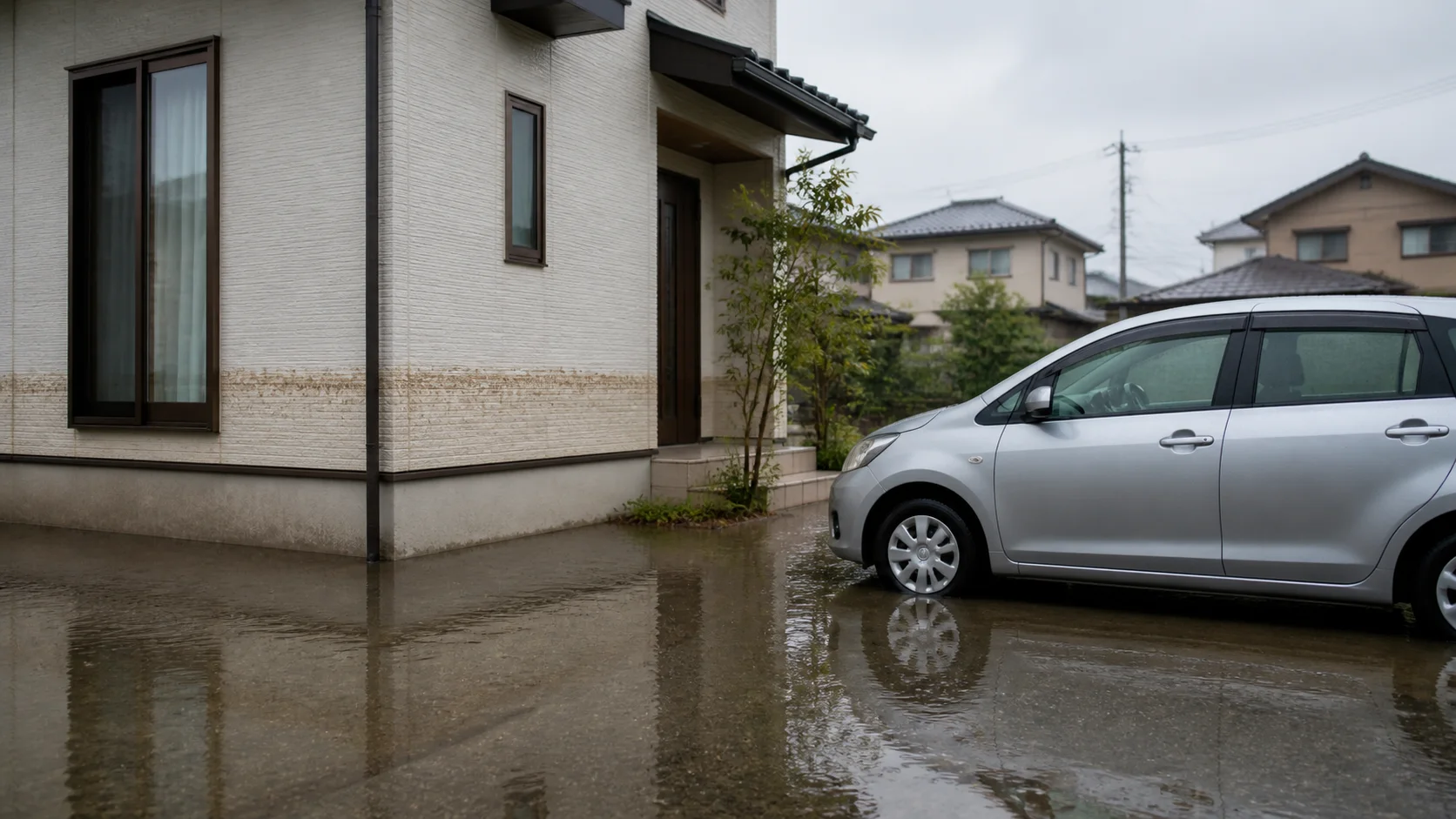 大雨の後、住宅の外壁に残った浸水跡と水たまりのある敷地