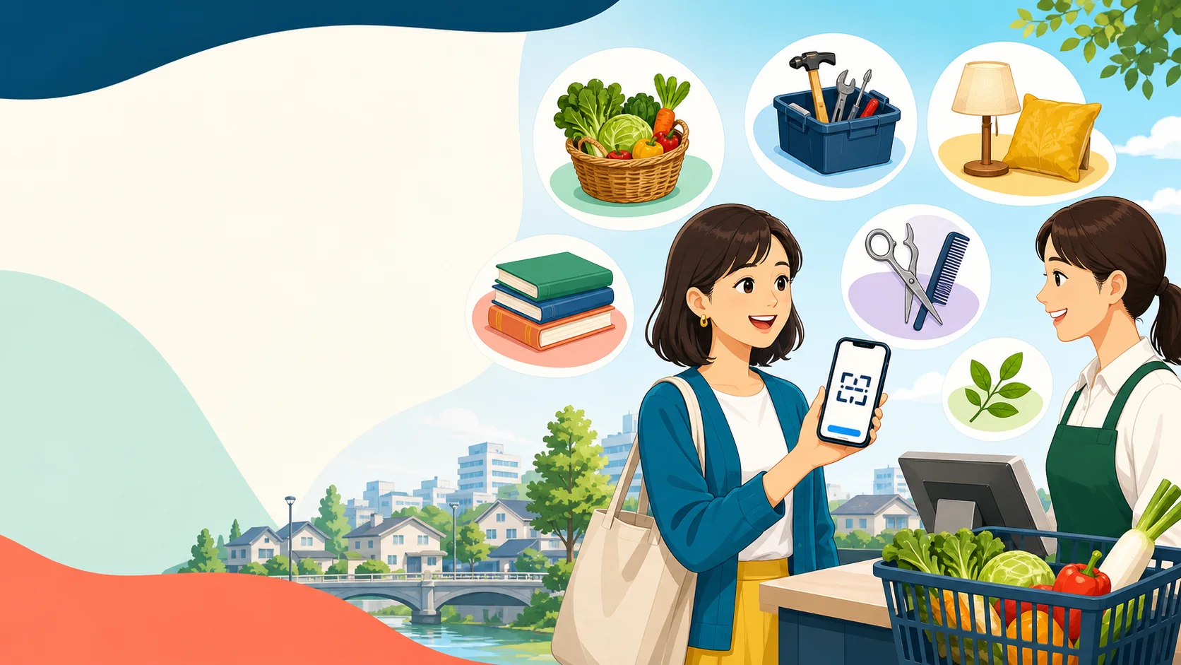 スマートフォンのコード決済で買い物をする人と、スーパー、ホームセンター、書店、美容室などを表すイラスト
